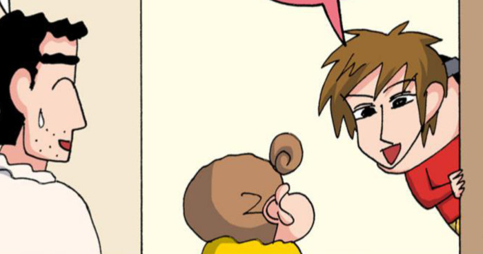 イケメンのお面で呼びかけるしんちゃん