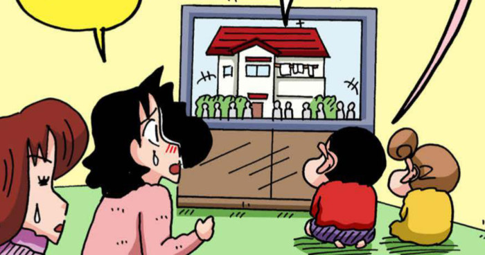 テレビに映る自宅に驚くみさえたち