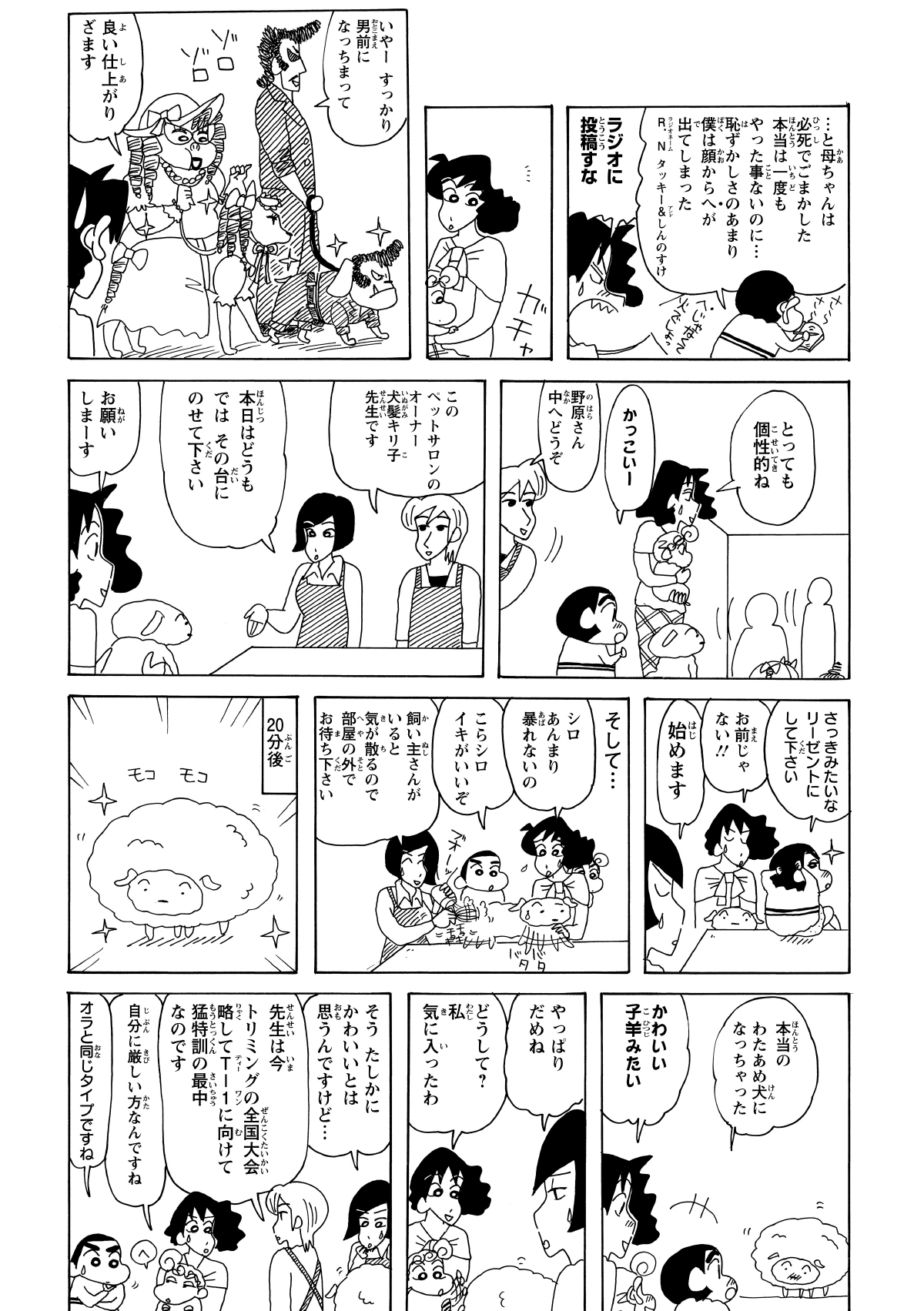 みさえが意気揚々と向かった先は、実はペットサロンだった。「キュート」と褒めたのもみさえではなくシロのことで、シロはわずか30分でふわふわに仕上げられるが、完璧主義のオーナーはまだ納得がいかない様子。