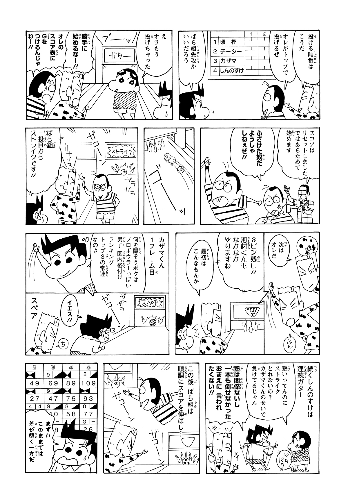 しんのすけチームの対戦相手は、ボウリングの達人を引き連れたチーター。絶体絶命かと思いきや、実は風間くんもかなりの腕前であることが判明し、勝負の行方は分からなくなる。