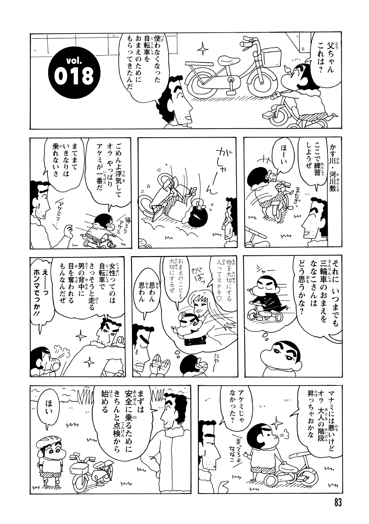 ひろしが譲り受けてきた自転車で、練習のために河川敷へ向かった二人。「颯爽と走る男はモテる」とひろしに吹き込まれたしんのすけは、下心全開でがぜんやる気を出し始める。