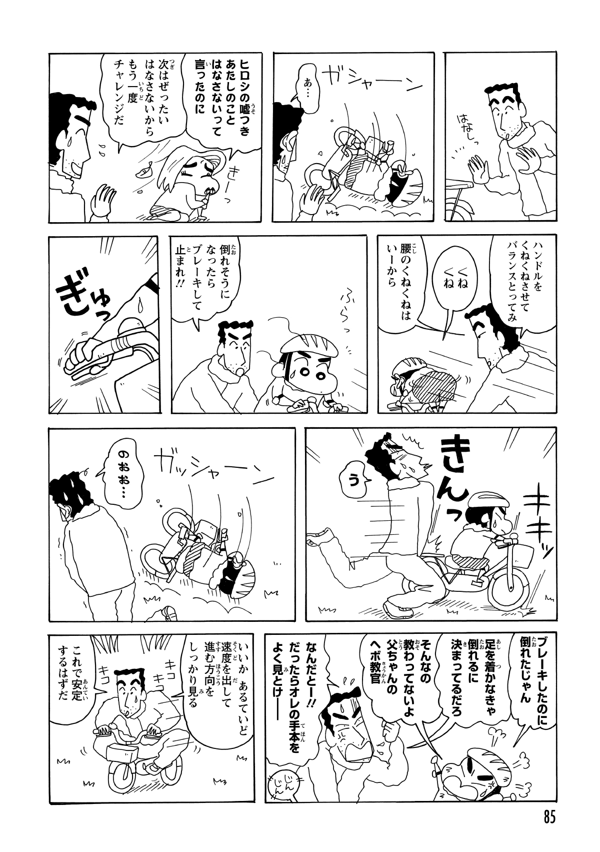補助の手を離した途端に転ぶしんのすけを見て、ひろしはブレーキの重要性を説く。しかし、その教えを忠実に守ったしんのすけの猛烈な急ブレーキにより、ひろしの急所は無残に撃沈した。