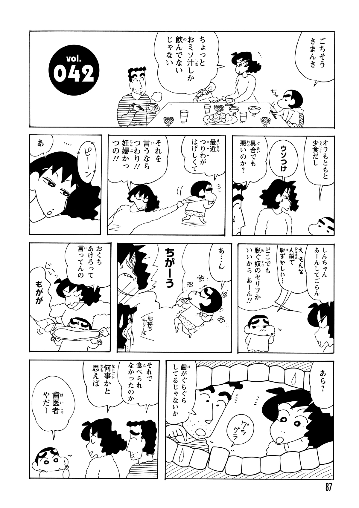 夕食を進めないしんのすけを怪しみ、口内を確認した。そこには今にも抜けそうな、ぐらぐらの歯があった。