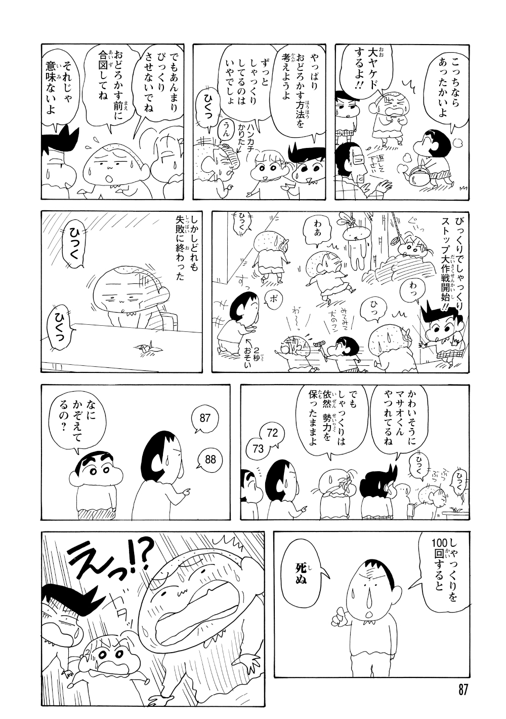 しんのすけ達がいろんな方法で驚かすものの、しゃっくりはなかなか止まらない。