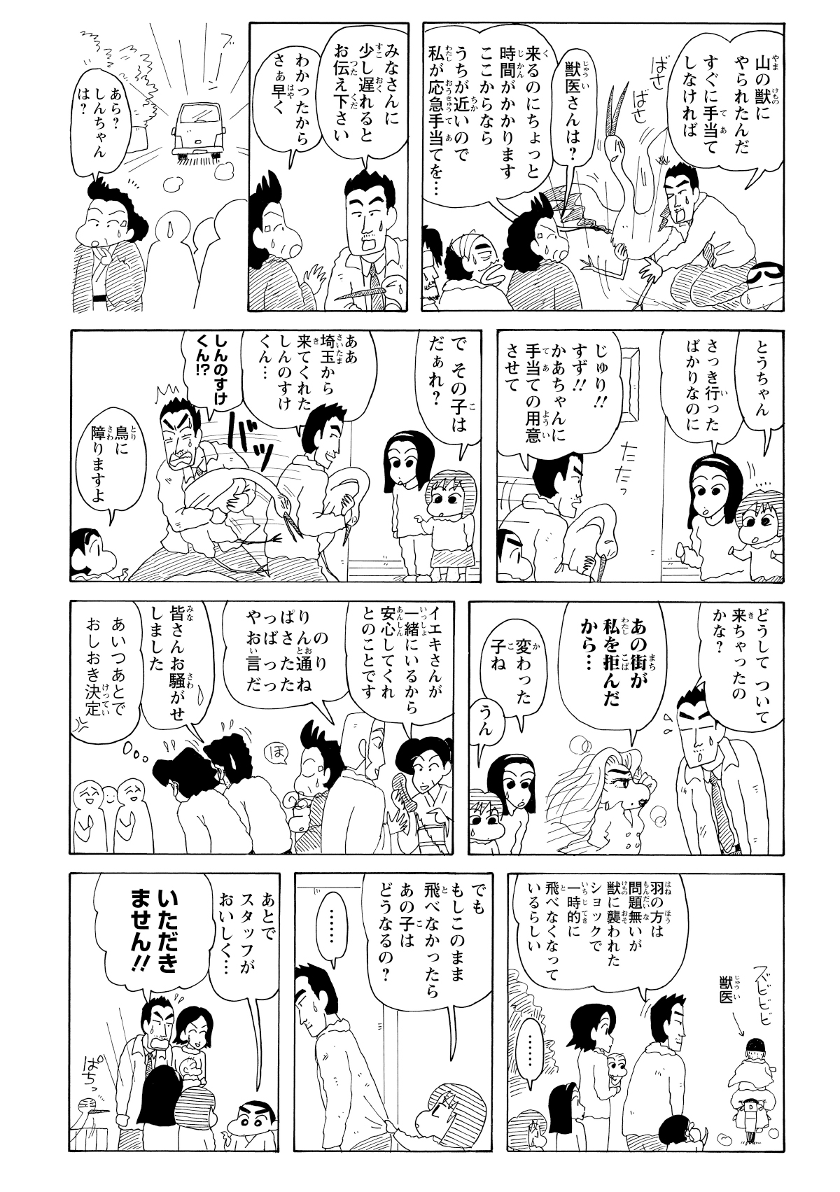 翌朝、ケガをしたコウノトリがしんのすけの頭上へ落下。ガイドさんは大急ぎで自宅へ連れ帰り、手当てを施す。