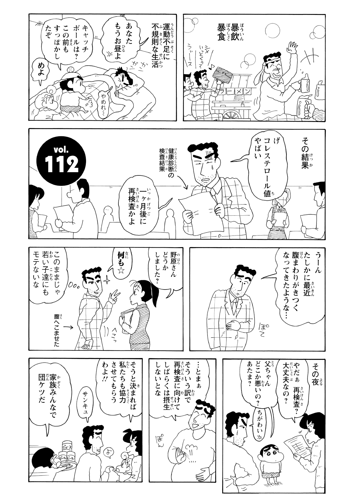 健康診断の結果を見て青ざめるひろし。帰宅後に心配するみさえに見守られながら、再検査に向けてダイエットを決意するのだった。