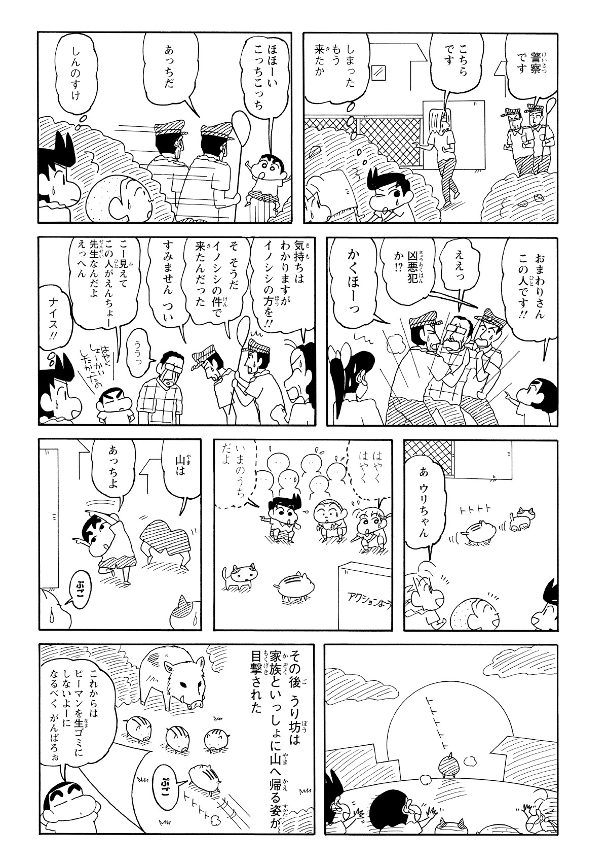 猫はうり坊が山に帰れず困っていることを察し、幼稚園の外まで誘導した。しんのすけが山の方角を教えてあげると、うり坊は迷わず走り去り、無事に家族との再会を果たした。