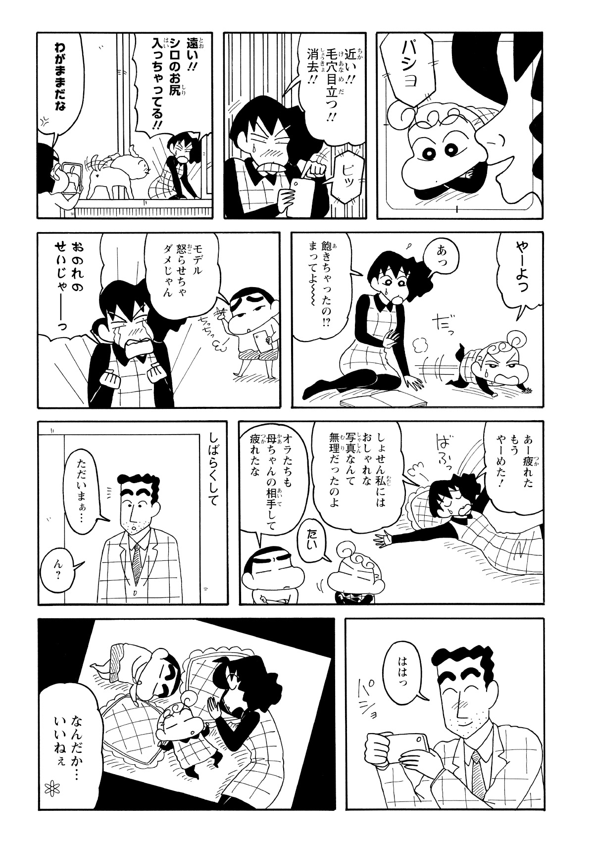 試行錯誤を繰り返すも、理想の写真は撮れないまま、みさえとしんのすけ、ひまわりは疲れきって寝入ってしまう。帰宅したひろしは、そんな三人の寝顔を微笑ましく思い、思い出として写真に収める。