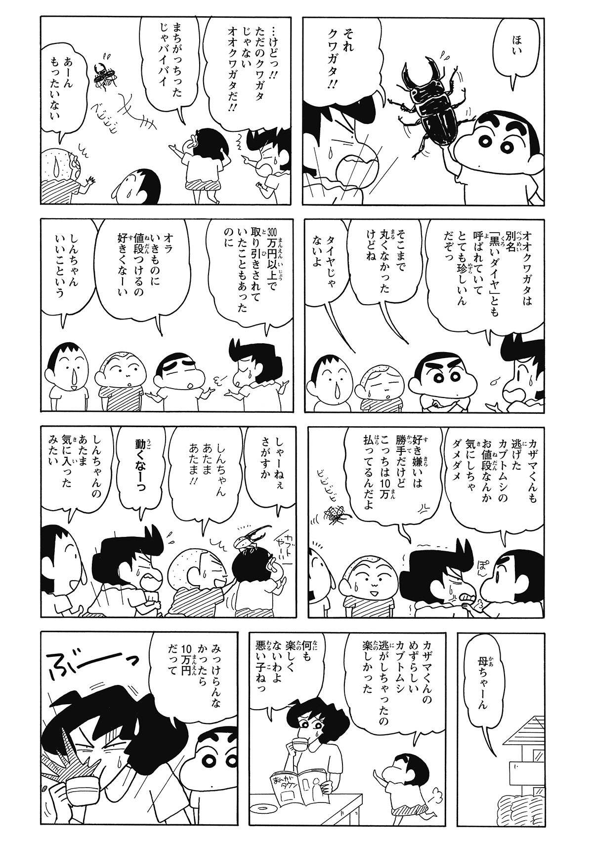 捜索中、しんのすけが偶然オオクワガタを発見。だがヘラクレス探しに夢中な彼は、あろうことかその超高価なクワガタを逃がしてしまう。最後はなんとかしんのすけの頭に戻ってきて、一同ようやく一安心。