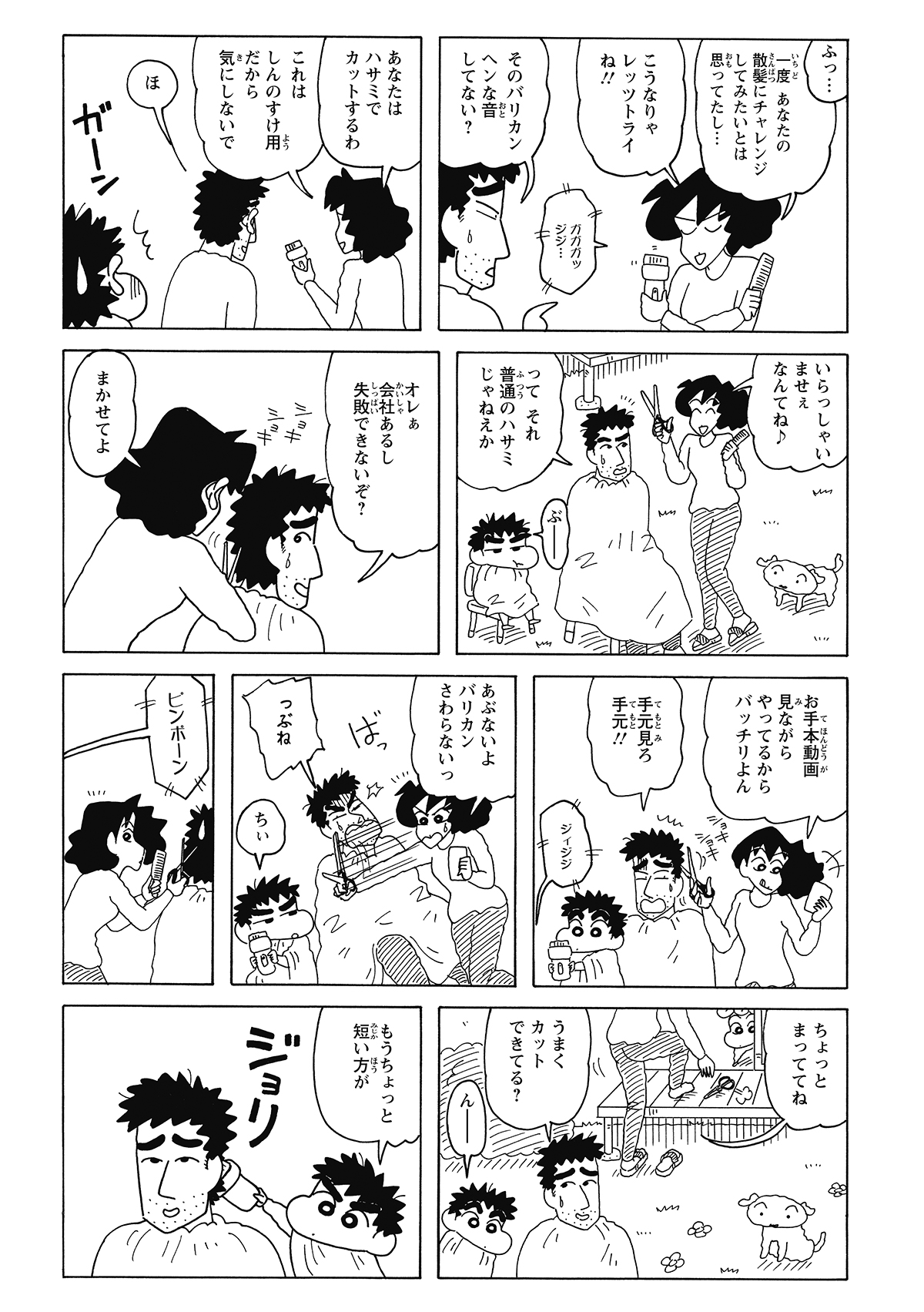 みさえによる自宅散髪が決行される。不安がるひろしをよそに、動画をチラ見しながら見切り発車で切り進めるみさえ。そこへお隣さんが来訪し、みさえはハサミを置いたまま離席。ひろしは中途半端な頭のまま放置される。