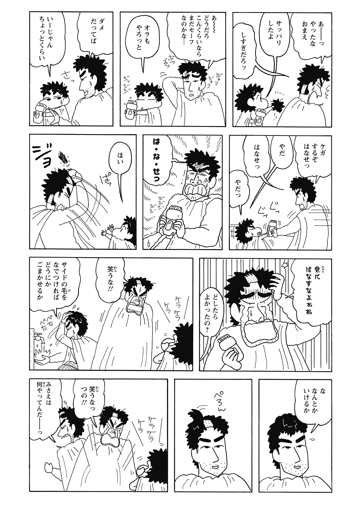 しんのすけの一撃で、ひろしの襟足に「ハゲ山」が出現。激昂してバリカンを奪い返そうとした拍子に、今度は前髪まで無残に削り取ってしまう。前後の髪を失い、鏡の前で変わり果てた姿に絶望するひろしだった。